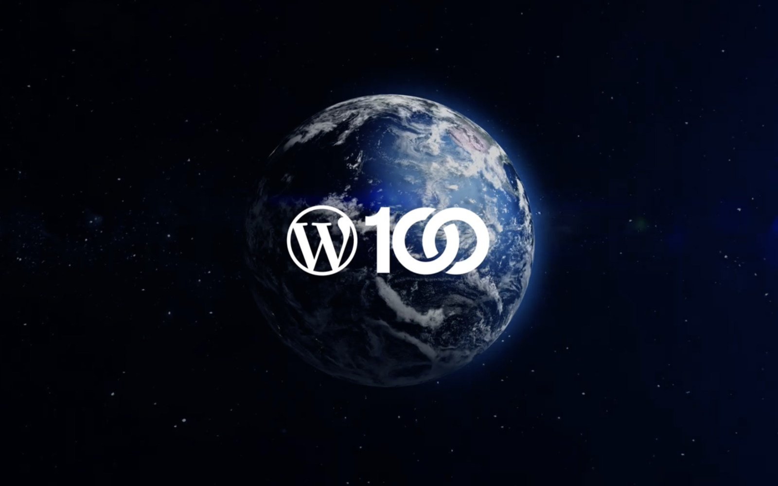 WordPress 100-year anniversary logo over a globe of Earth against a dark space background