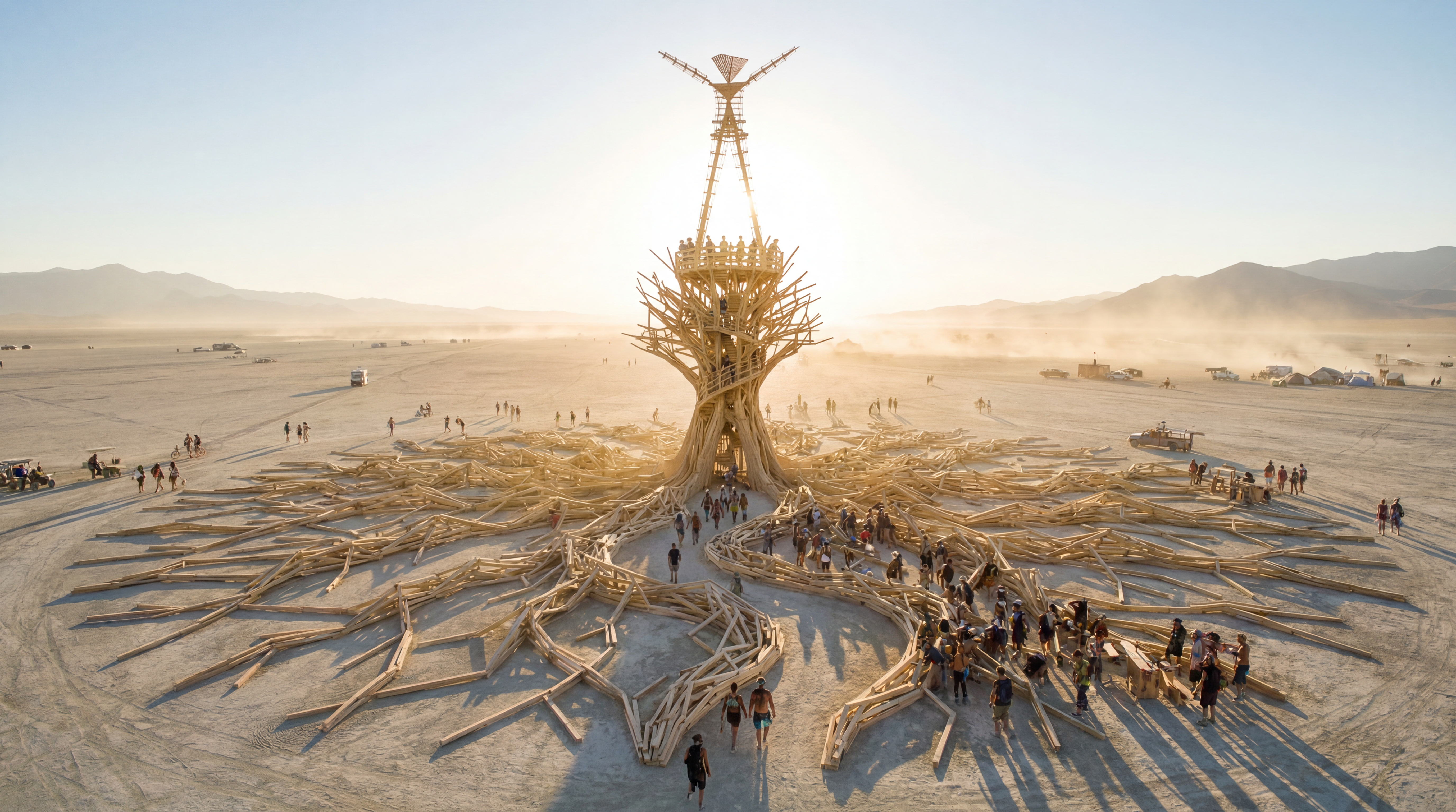Burning Man Man Base 2026 Cryptomeria tree sculpture with extensive wooden roots and crowds gathered around it in the Nevada desert